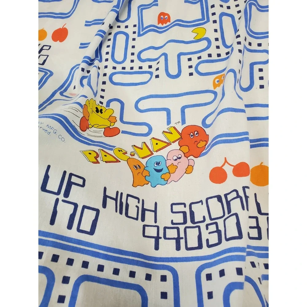 Vintage Danville 1980s White Blue Pac-Man Ghosts Fabric Twin Flat Sheet Gamer